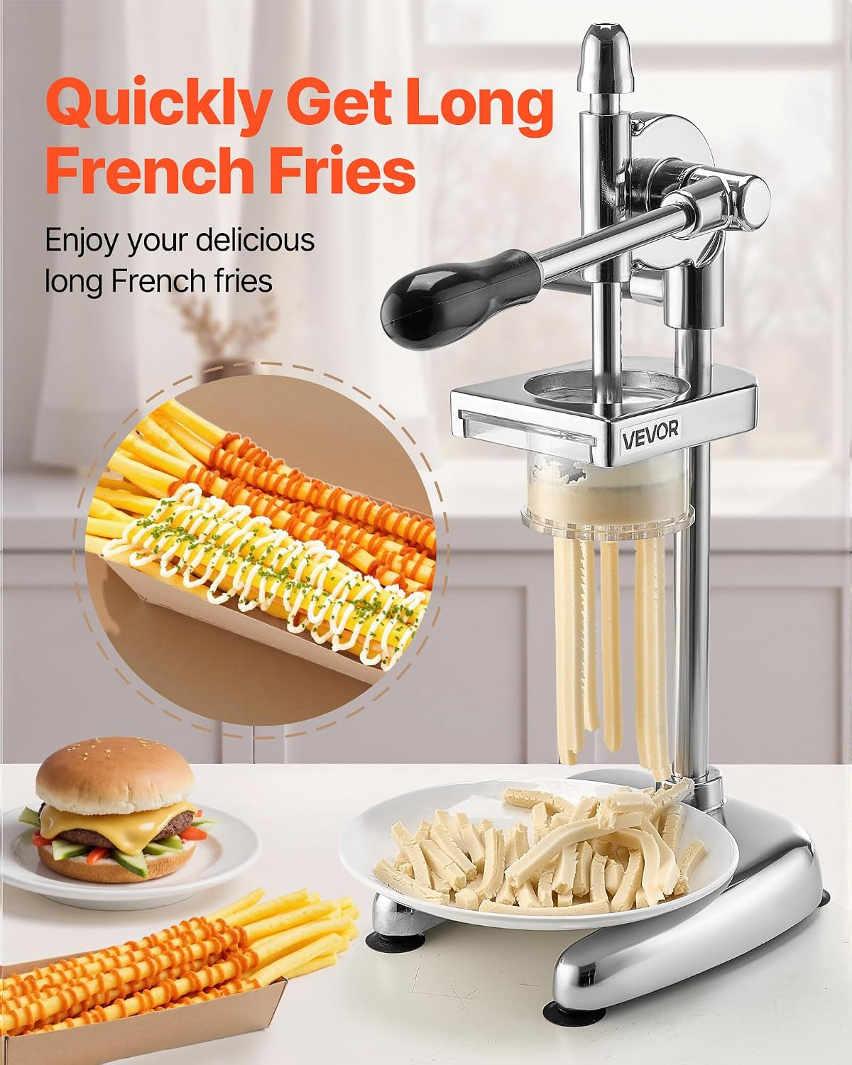 Super Long French Fry Squeezer, Commercial Fried Potato Strips Maker, Extra Long Japanese Style French Fries Maker with Pull-Out Extruder, Manual Mashed Potato Extruder for Food Truck, Kitchen