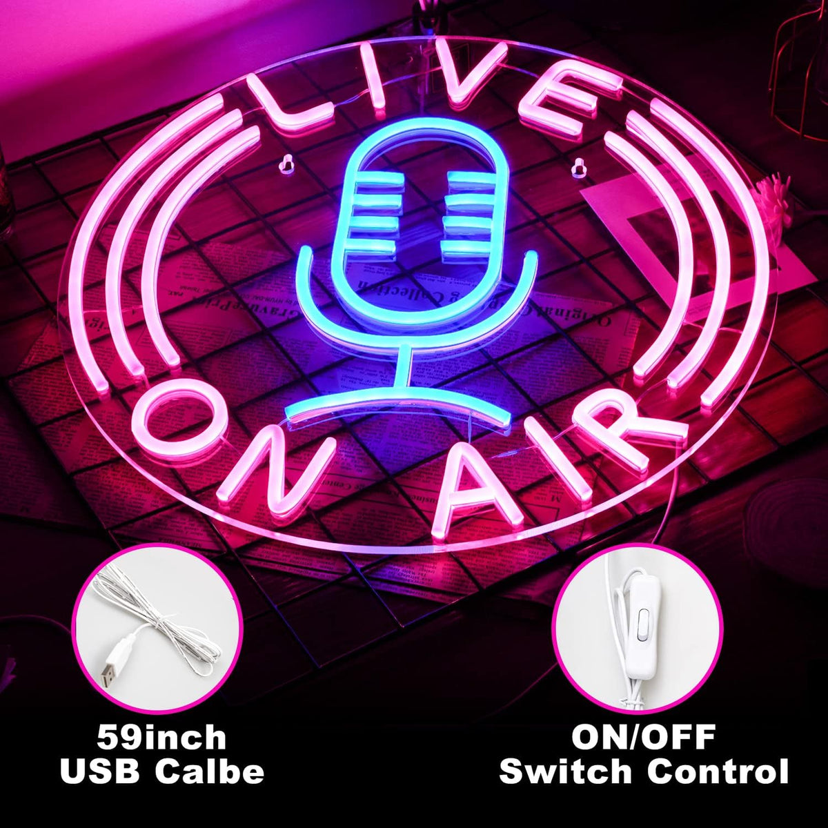 Live on Air Neon Sign Microphone Neon Light Signs for Wall Decor Live on Air Neon Lights Usb Powered 12.8’’X12.8’’ Led Sign for Radio Station Boys Girls Room Game Room Living Room Office Gift（Pink Blue）