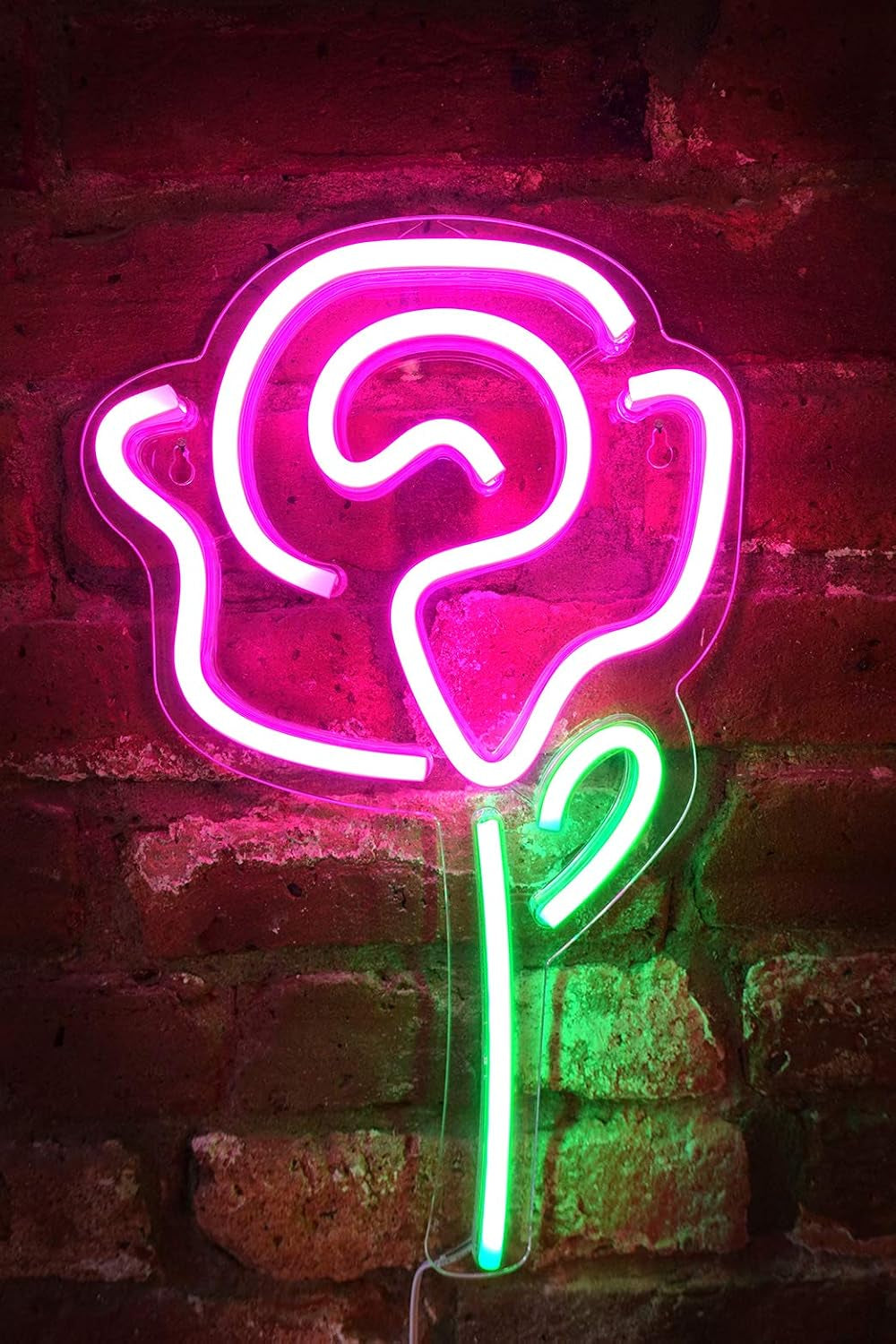 15"X9" LED Neon Pink Rose Flower with Green Stem Wall Sign