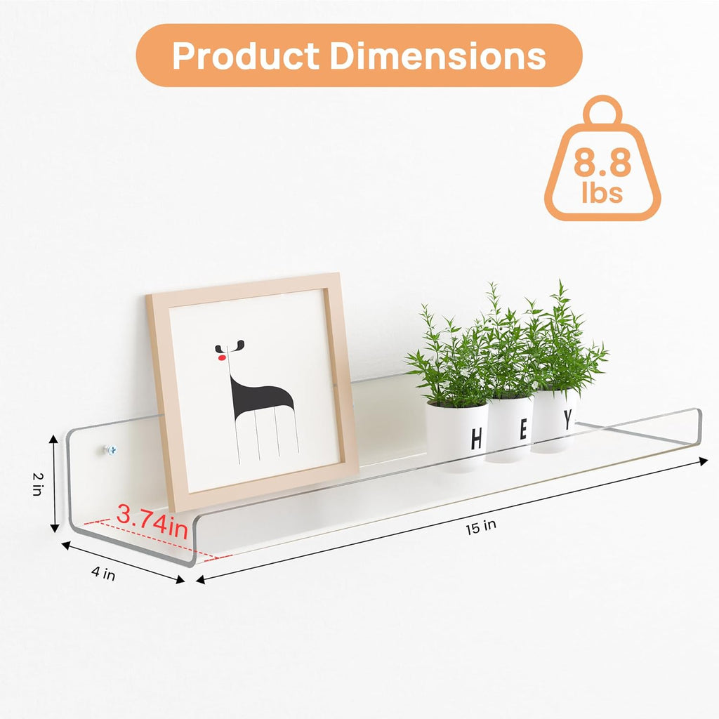 15" X 4" Acrylic Shelves for Wall Storage and Organizer, 6 Pcs