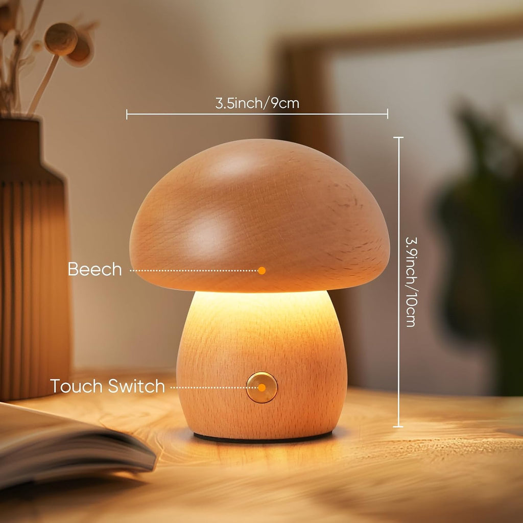 2 Pack Wooden Mushroom Lamp, Portable Cordless Small Rechargeable Battery Operated Lamp,Stepless Dimming, Night Light for Birthday Gifts