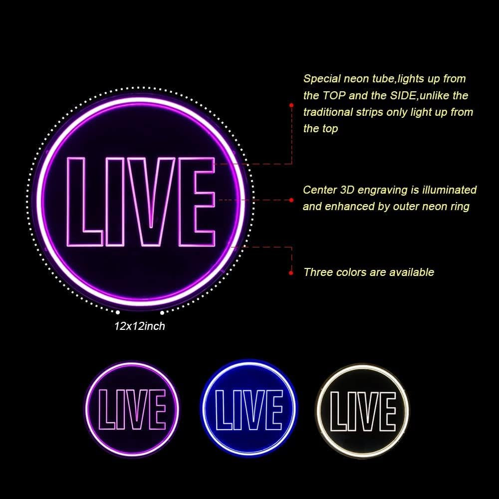 Live Neon Lights Sign, USB Powered Live on Air Led Neon Wall Art Sign, Dimmable Wall Décor round Live Streaming Neon Night Light LED Sign for Streamer, Gamer, Game Room Decoration (Pink)