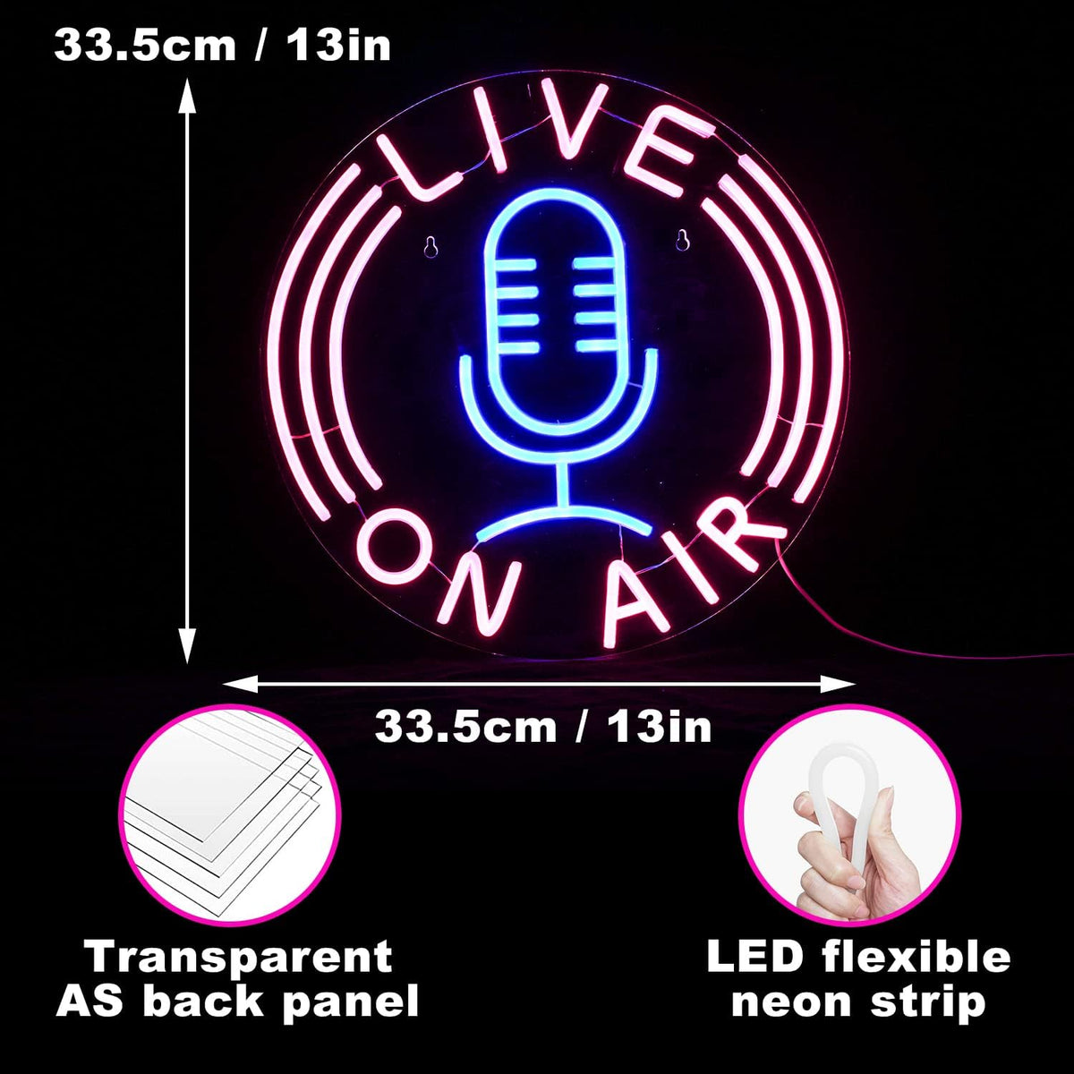 Live on Air Neon Sign Microphone Neon Light Signs for Wall Decor Live on Air Neon Lights Usb Powered 12.8’’X12.8’’ Led Sign for Radio Station Boys Girls Room Game Room Living Room Office Gift（Pink Blue）