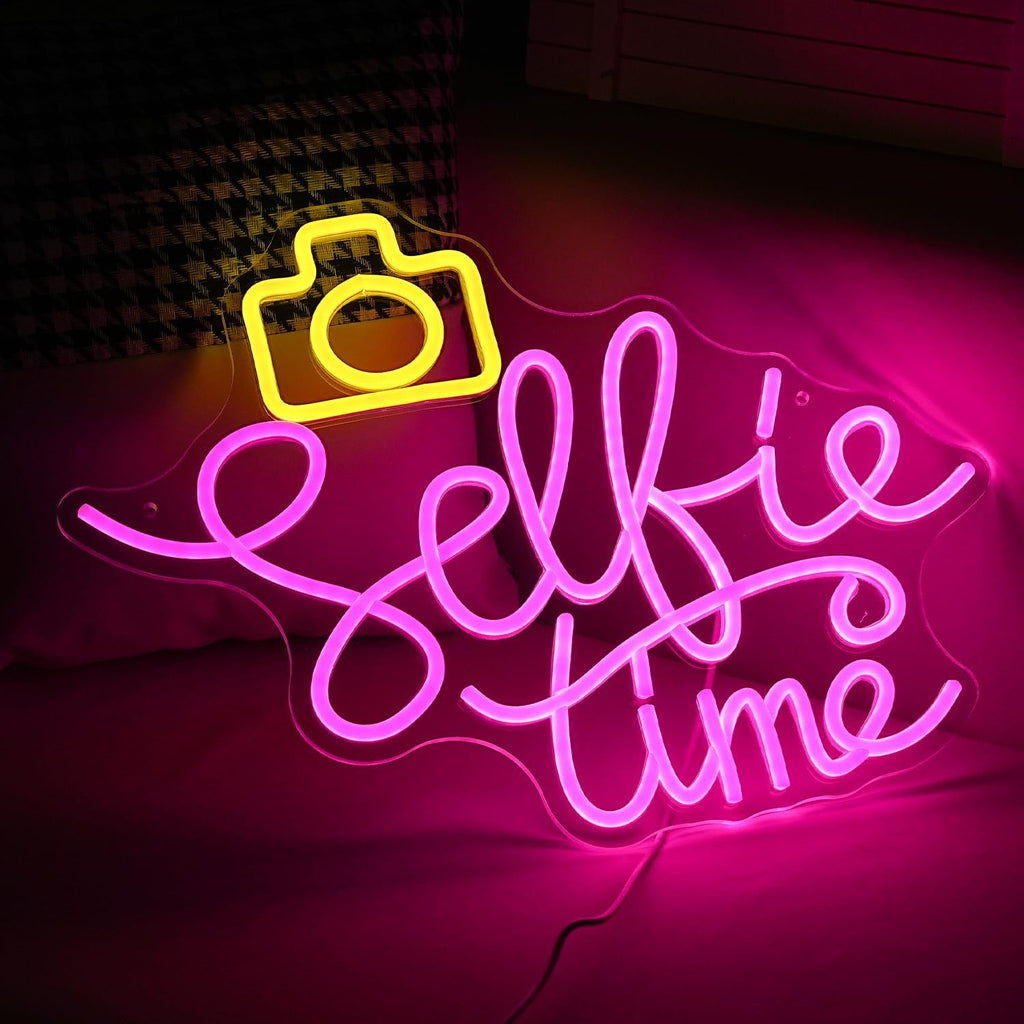 Selfie Time Neon Sign LED Yellow Camera Pink Neon Light for Wall Decor Dimmable USB Powered Light up Sign for Photographic Studio Bedroom Photography Lover Room Party Gifts (16.7 * 12.8In)