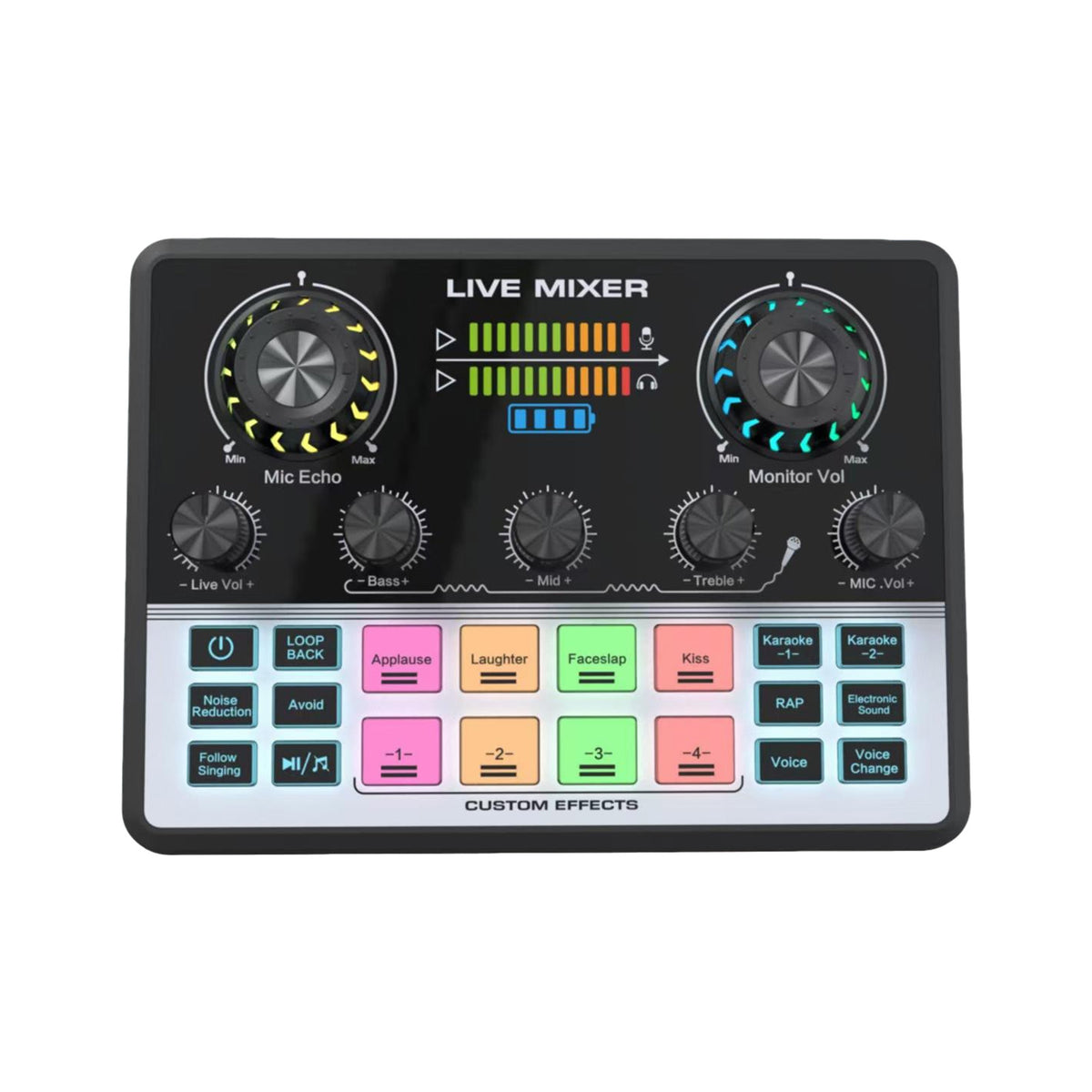 Live Streaming Sound Mixer Sound Card Rechargeable Plug and Play Adjustable Bass Treble Noise Reduction Colorful Indicator Light for Content Create Gaming