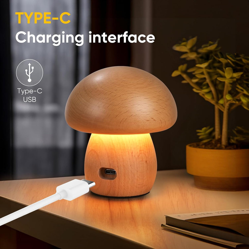 2 Pack Wooden Mushroom Lamp, Portable Cordless Small Rechargeable Battery Operated Lamp,Stepless Dimming, Night Light for Birthday Gifts