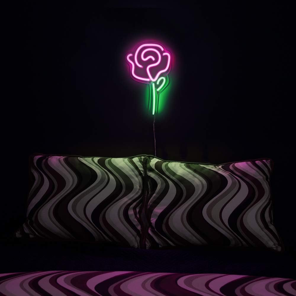 15"X9" LED Neon Pink Rose Flower with Green Stem Wall Sign
