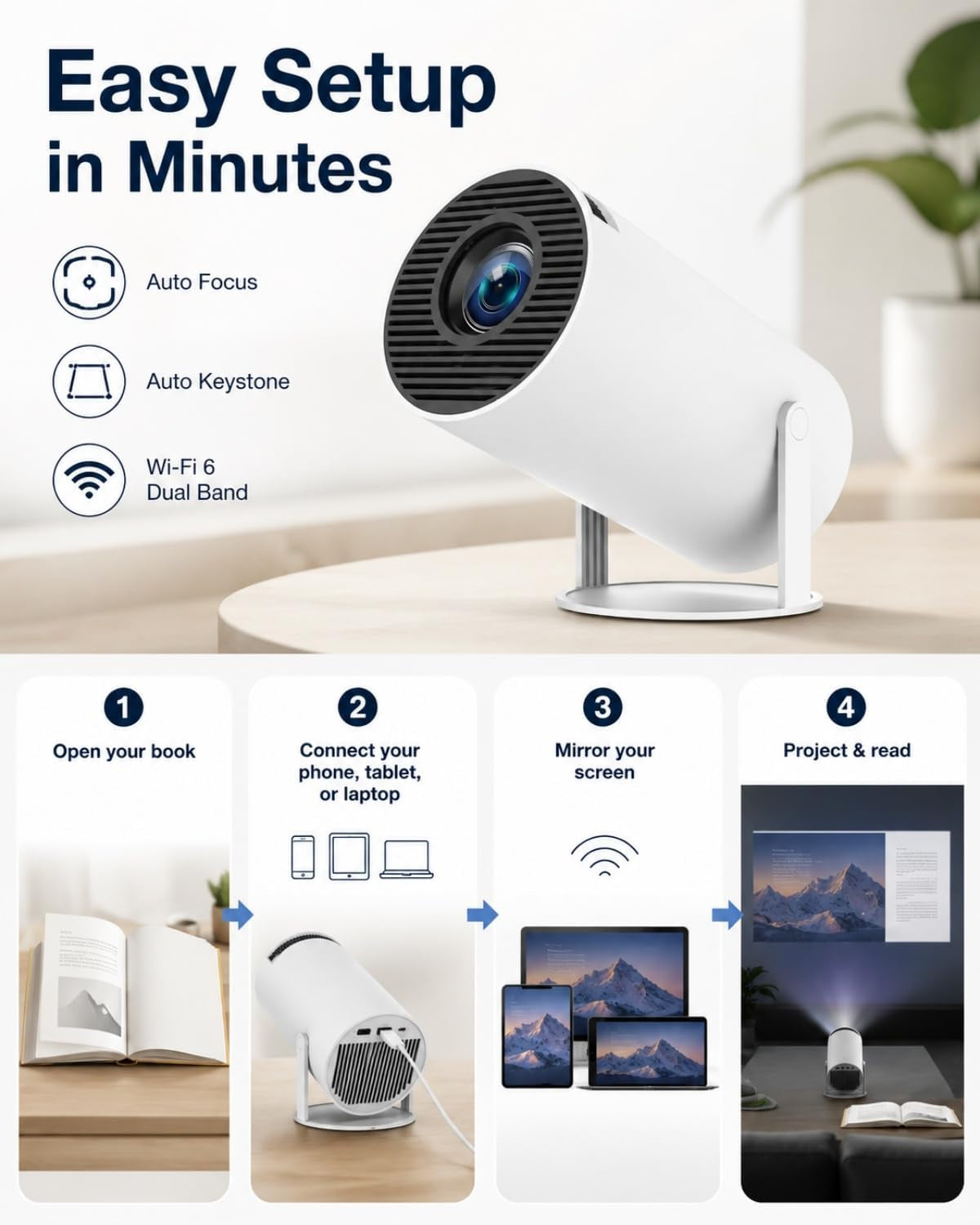 Book Projector for Reading, 720P Native HD with 180° Rotation