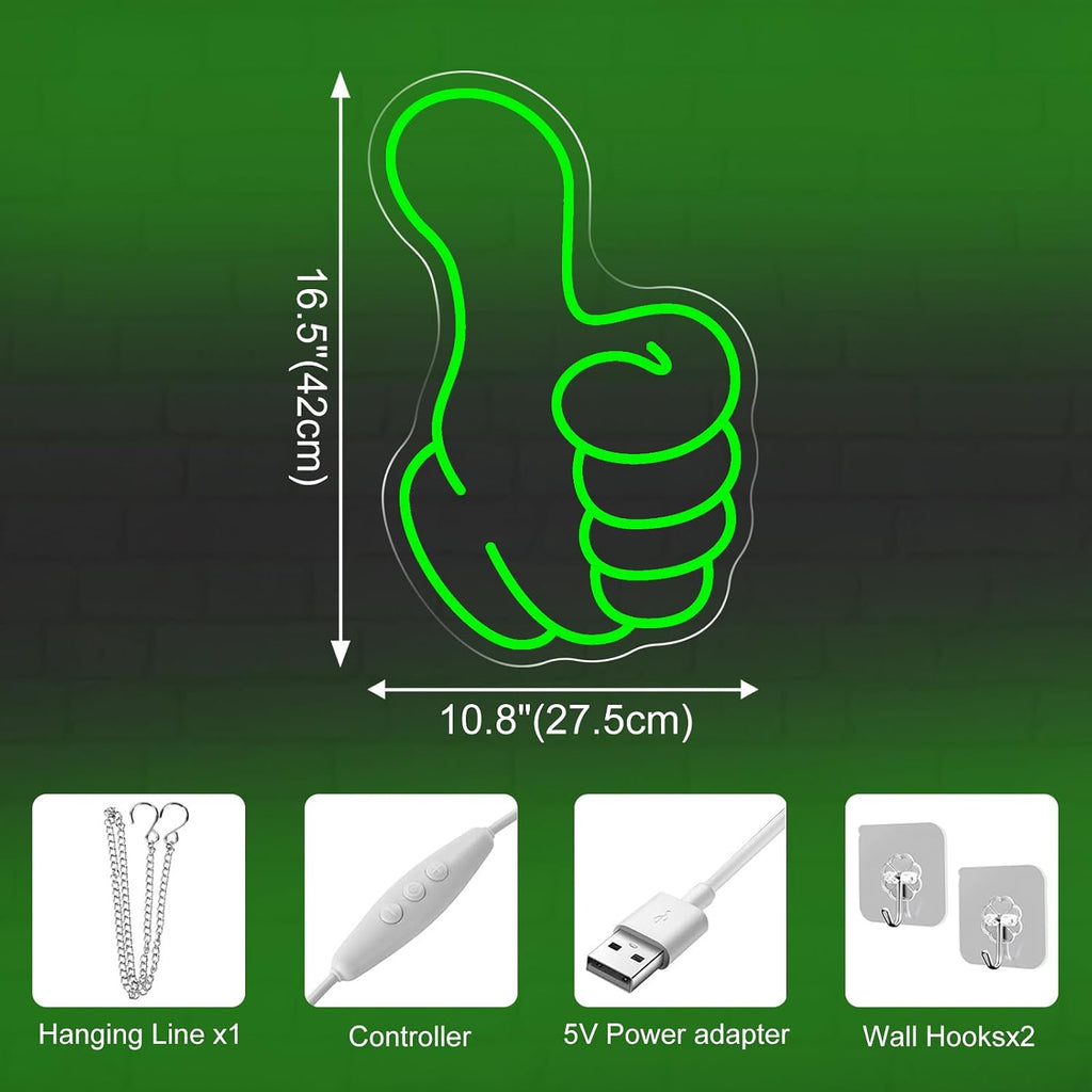 Thumbs up Neon Sign - Green Led Gestur Light for Game Room Man Cave