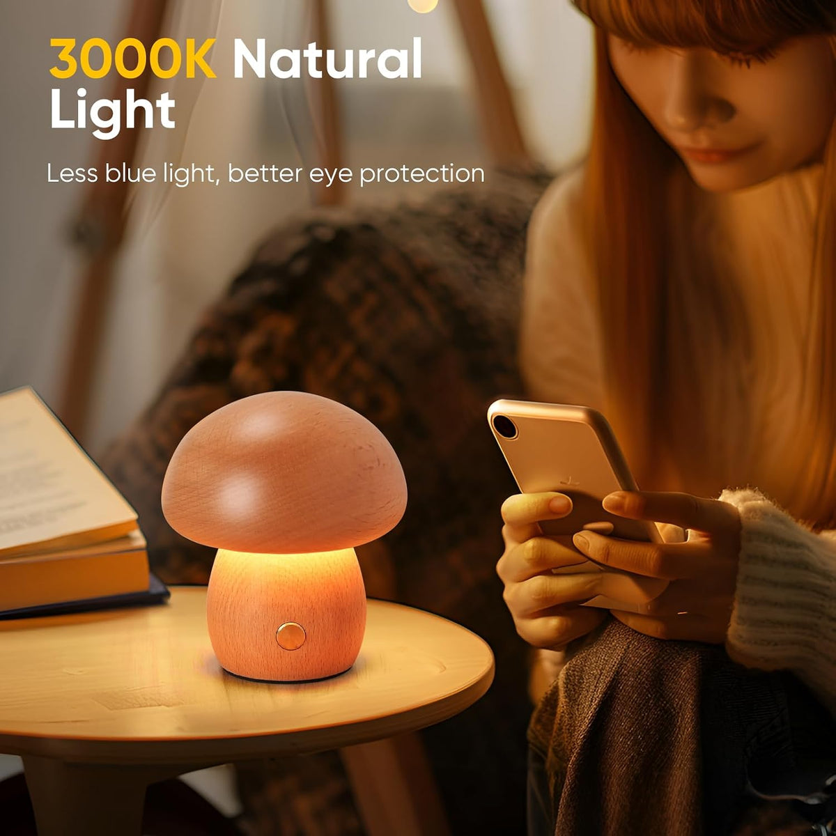 2 Pack Wooden Mushroom Lamp, Portable Cordless Small Rechargeable Battery Operated Lamp,Stepless Dimming, Night Light for Birthday Gifts