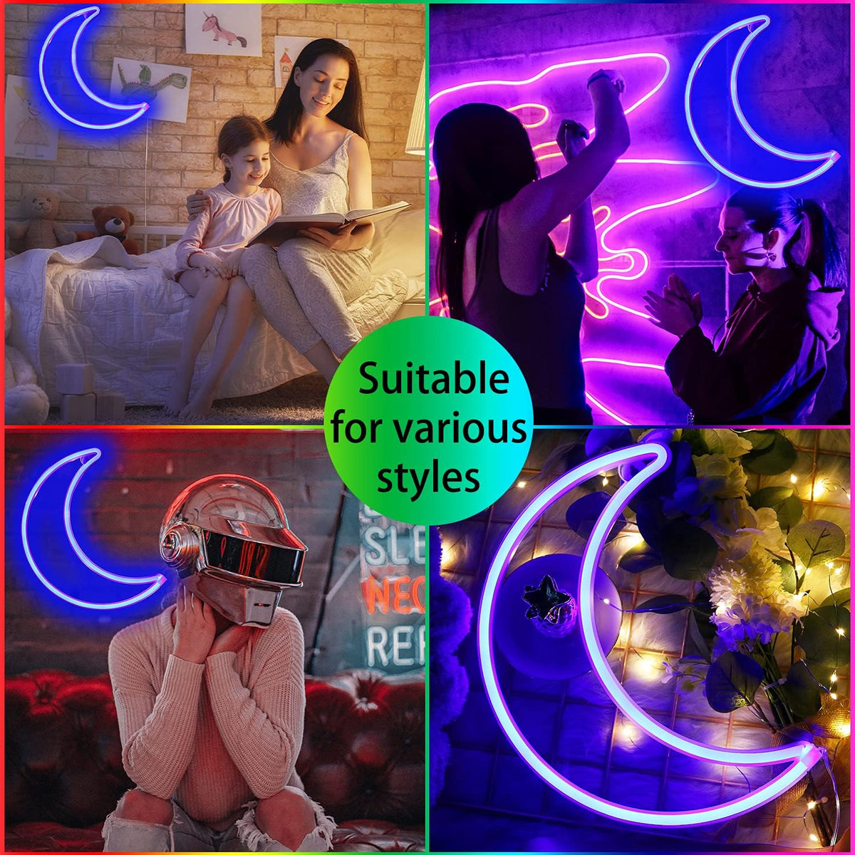 LED Blue Moon Neon Sign Light, Battery or USB Powered 5V Cute Room Decor