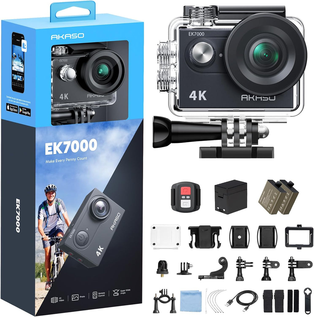 EK7000 4K30FPS 20MP Wifi Action Camera with EIS Ultra HD 131FT Waterproof Underwater Camera Remote Control 4X Zoom Support External Microphone Black