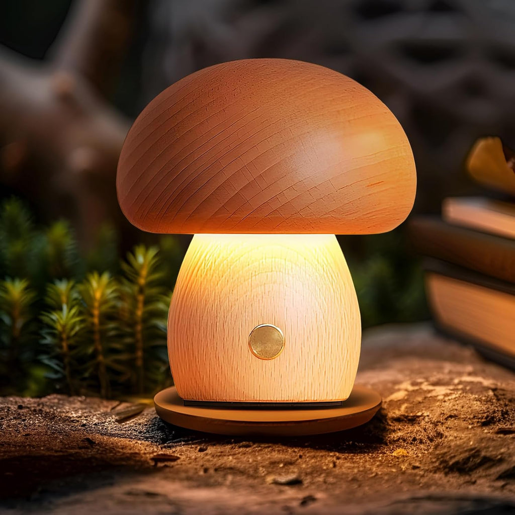 2 Pack Wooden Mushroom Lamp, Portable Cordless Small Rechargeable Battery Operated Lamp,Stepless Dimming, Night Light for Birthday Gifts