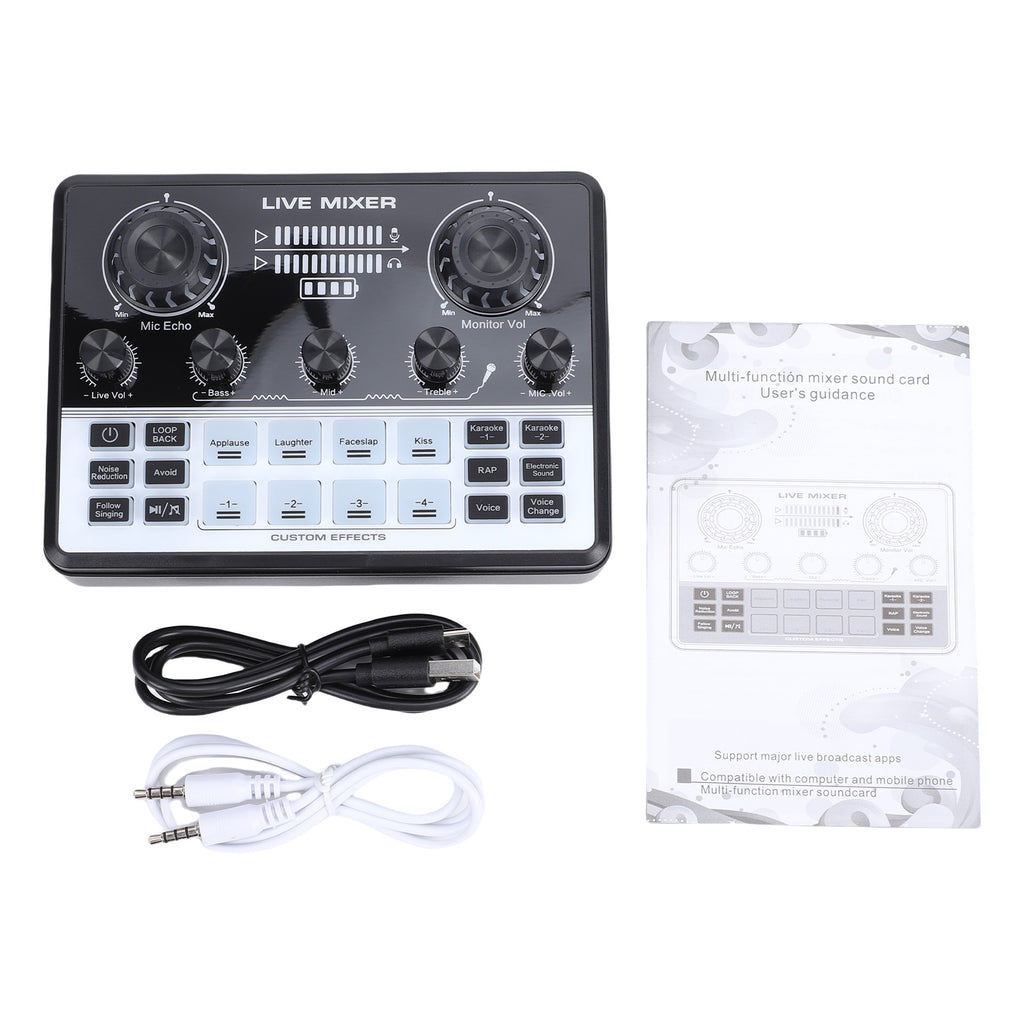 Live Streaming Sound Mixer Sound Card Rechargeable Plug and Play Adjustable Bass Treble Noise Reduction Colorful Indicator Light for Content Create Gaming