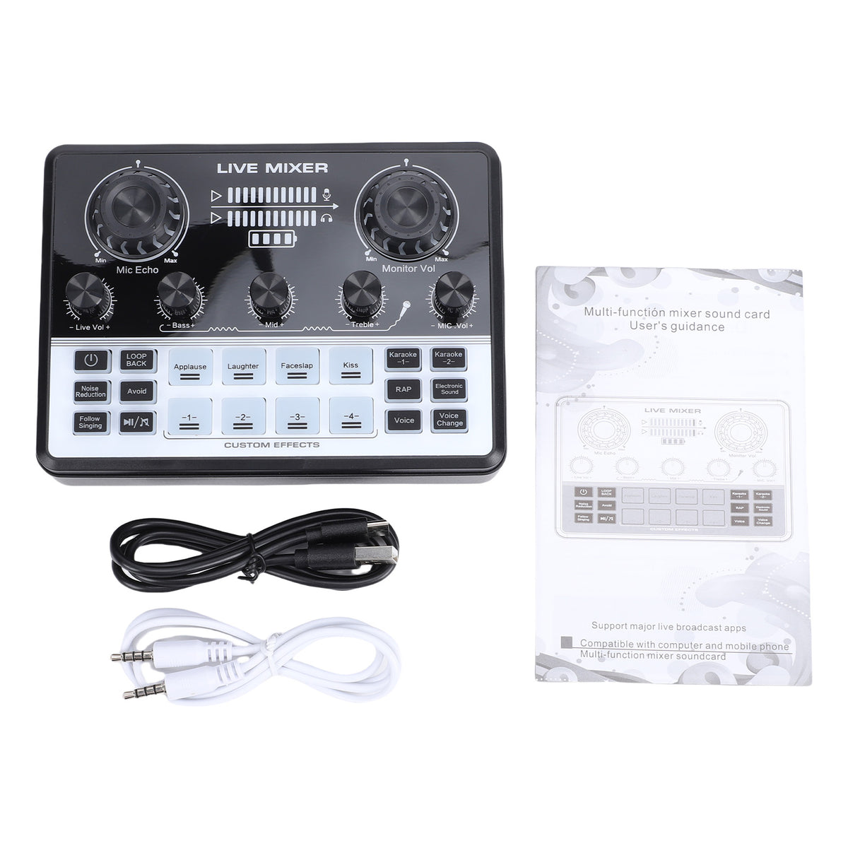 Live Streaming Sound Mixer Sound Card Rechargeable Plug and Play Adjustable Bass Treble Noise Reduction Colorful Indicator Light for Content Create Gaming