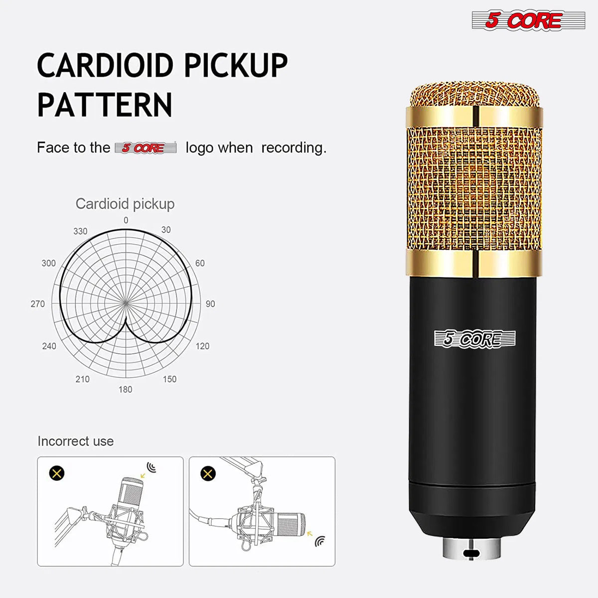 5 CORE Condenser Microphone Bundle, Podcast Equipment Bundle W/Mixer, Mic Arm Stand, Shock Mount, Pop Filter & Headphone for Vocal Studio Recording Broadcasting Youtube Live Streaming - RM 8 BG