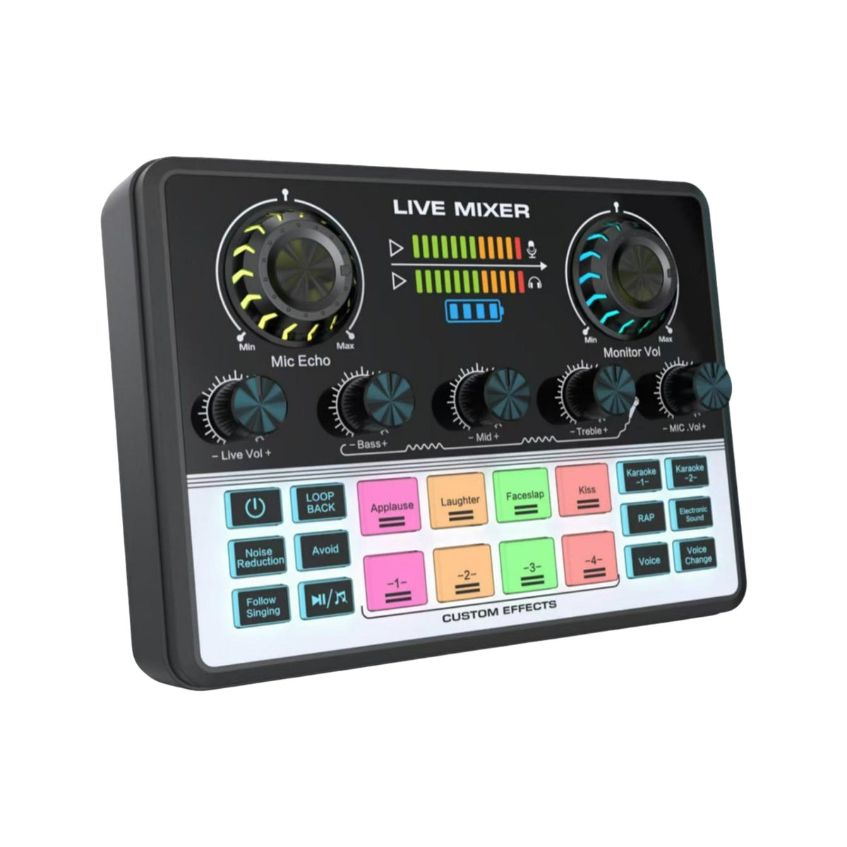 Live Streaming Sound Mixer Sound Card Rechargeable Plug and Play Adjustable Bass Treble Noise Reduction Colorful Indicator Light for Content Create Gaming