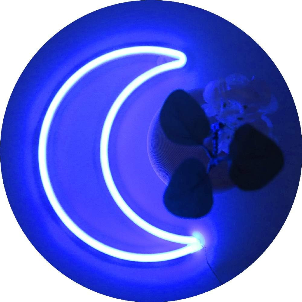 LED Blue Moon Neon Sign Light, Battery or USB Powered 5V Cute Room Decor