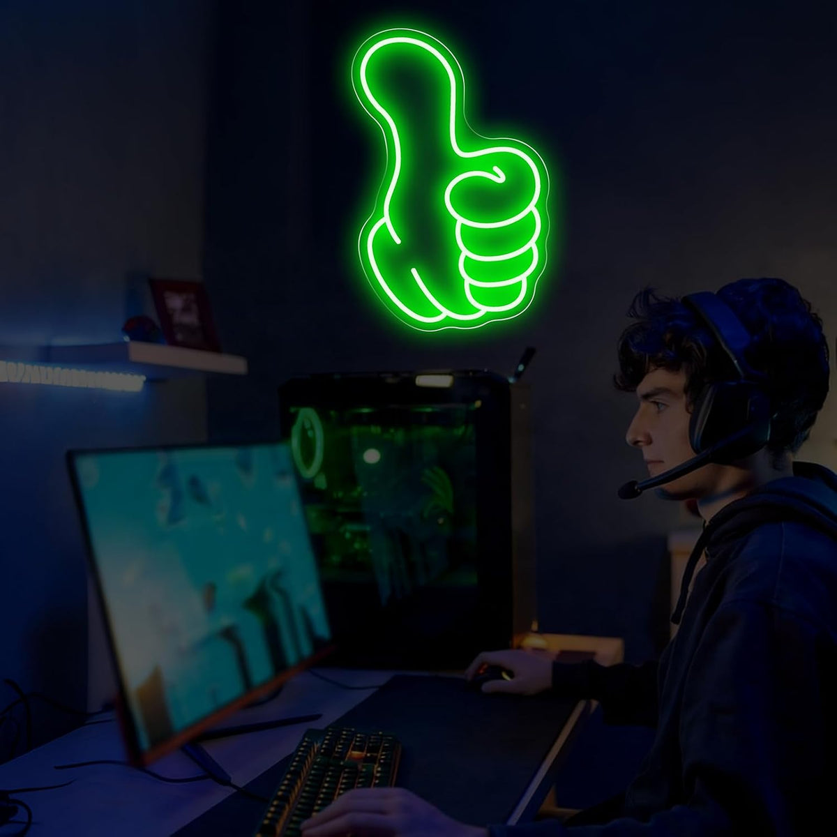 Thumbs up Neon Sign - Green Led Gestur Light for Game Room Man Cave