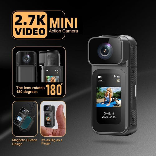 Ormos Mini Action Camera with 180 Degree Rotating Lens - 2.7K Ultra HD Thumb-Sized Camera, Magnetic Mount, Wifi APP Control, Portable Wearable Camera for Outdoor Sports & Daily Vlogging