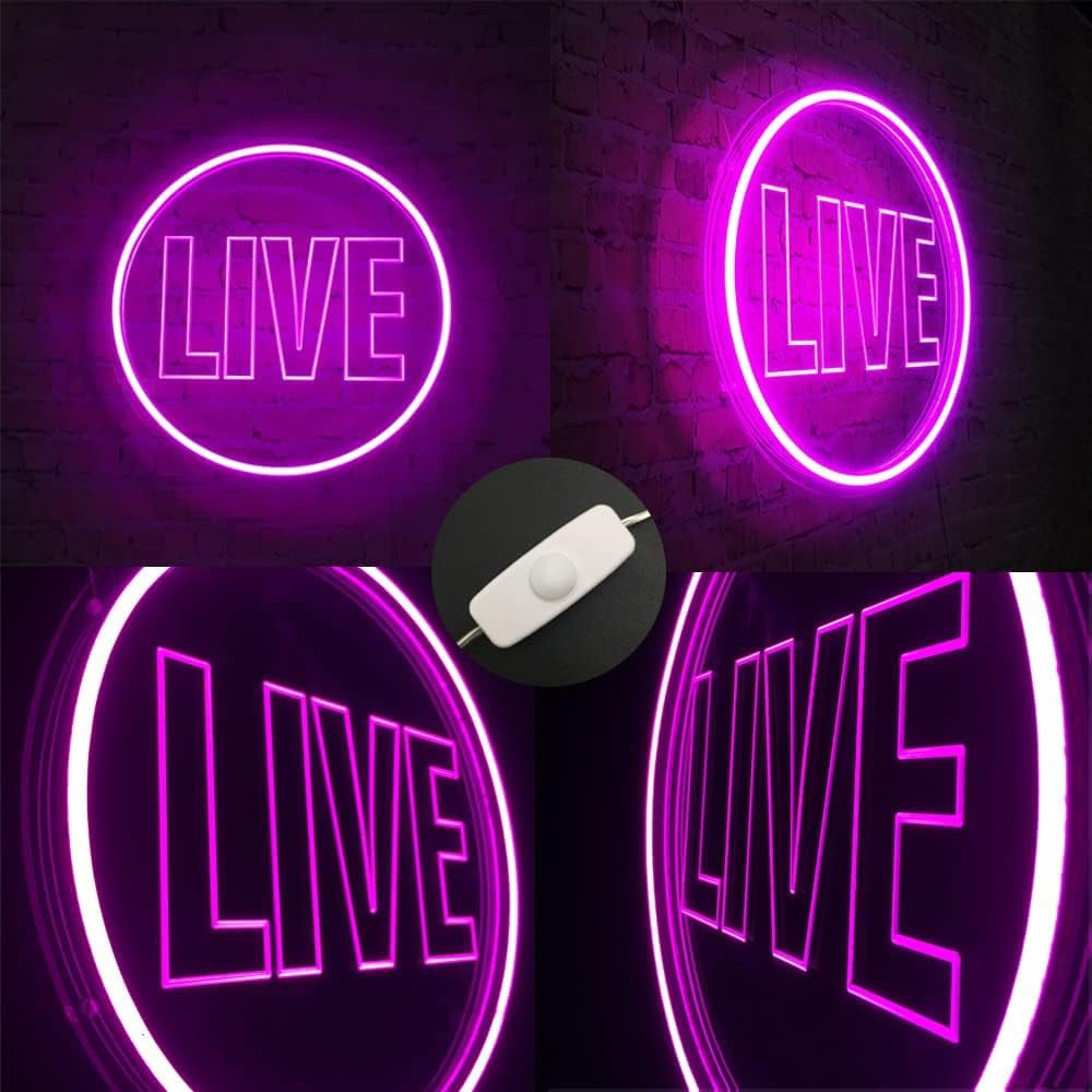 Live Neon Lights Sign, USB Powered Live on Air Led Neon Wall Art Sign, Dimmable Wall Décor round Live Streaming Neon Night Light LED Sign for Streamer, Gamer, Game Room Decoration (Pink)