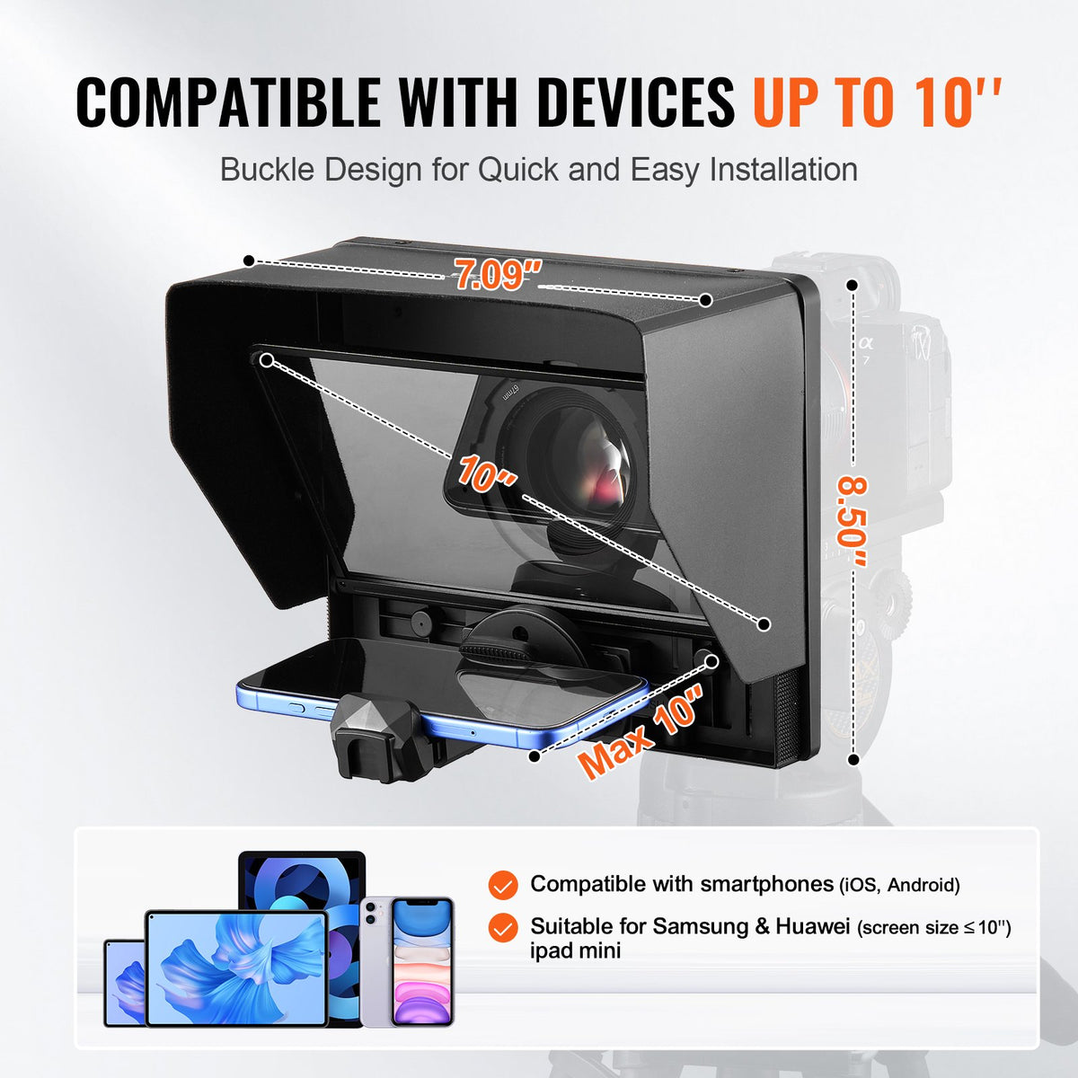 Teleprompter, 10' Aluminum Alloy, Desktop Prompter with Adjustable Spectroscope, Remote Control, for Youtube, Twitch, Zoom, Supports DSLR Webcam Smartphone, for Video Recording Live Streaming