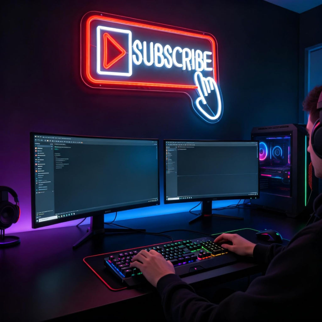 Subscribe Neon Sign, Stylish Play Button & Cursor Wall Light