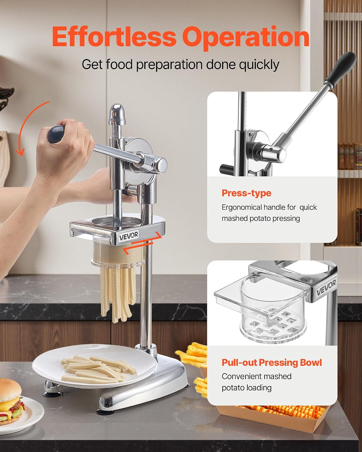 Super Long French Fry Squeezer, Commercial Fried Potato Strips Maker, Extra Long Japanese Style French Fries Maker with Pull-Out Extruder, Manual Mashed Potato Extruder for Food Truck, Kitchen