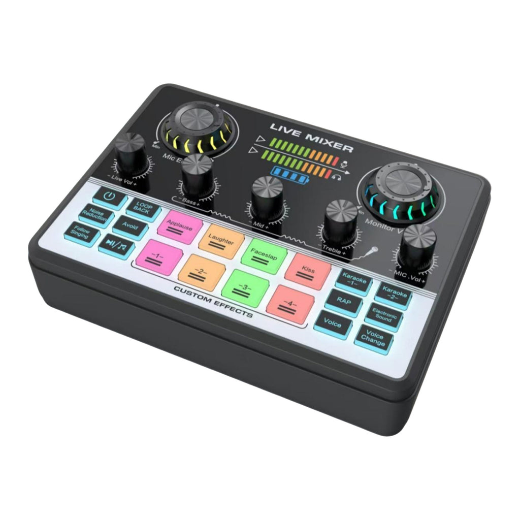 Live Streaming Sound Mixer Sound Card Rechargeable Plug and Play Adjustable Bass Treble Noise Reduction Colorful Indicator Light for Content Create Gaming