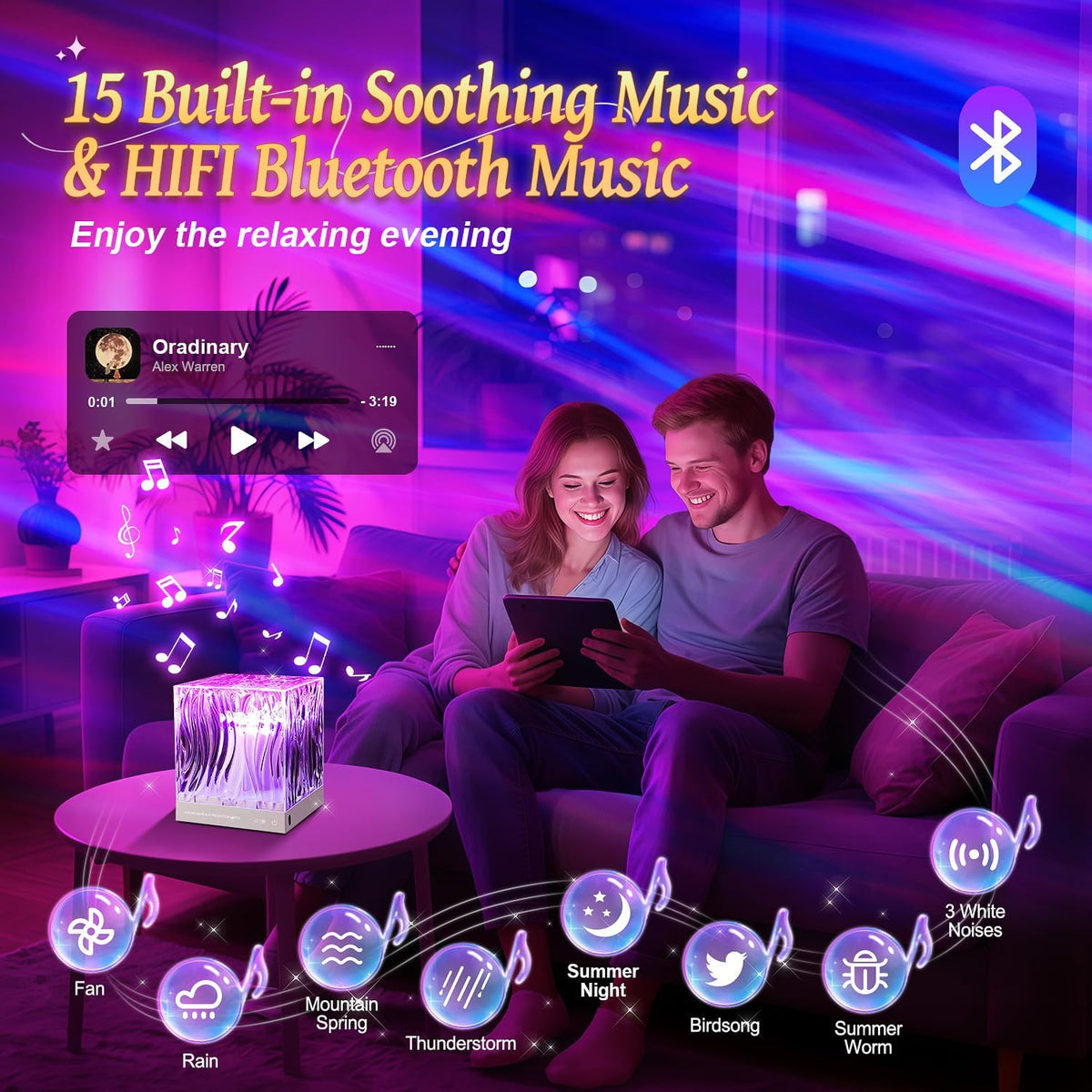 Northern Lights for Bedroom,15 White Noise + Bluetooth Galaxy Light Projector,Rgb Multi-Color Lamps for Night Stands Home Decor Living Room Night Light for Kids Gifts for Teen Girls