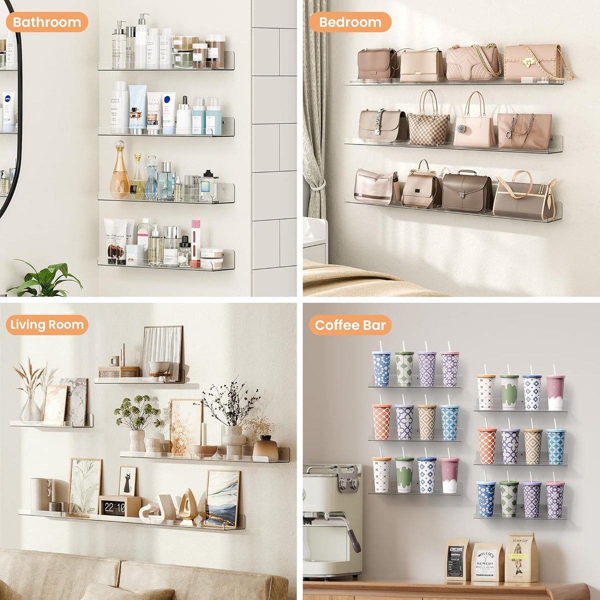 15" X 4" Acrylic Shelves for Wall Storage and Organizer, 6 Pcs