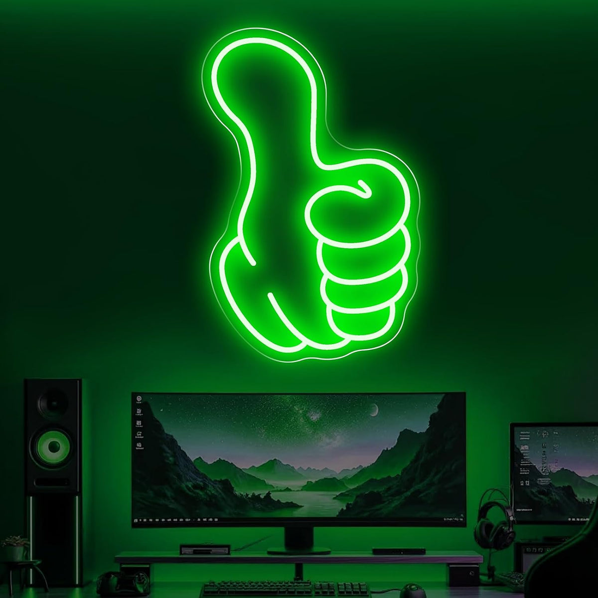 Thumbs up Neon Sign - Green Led Gestur Light for Game Room Man Cave