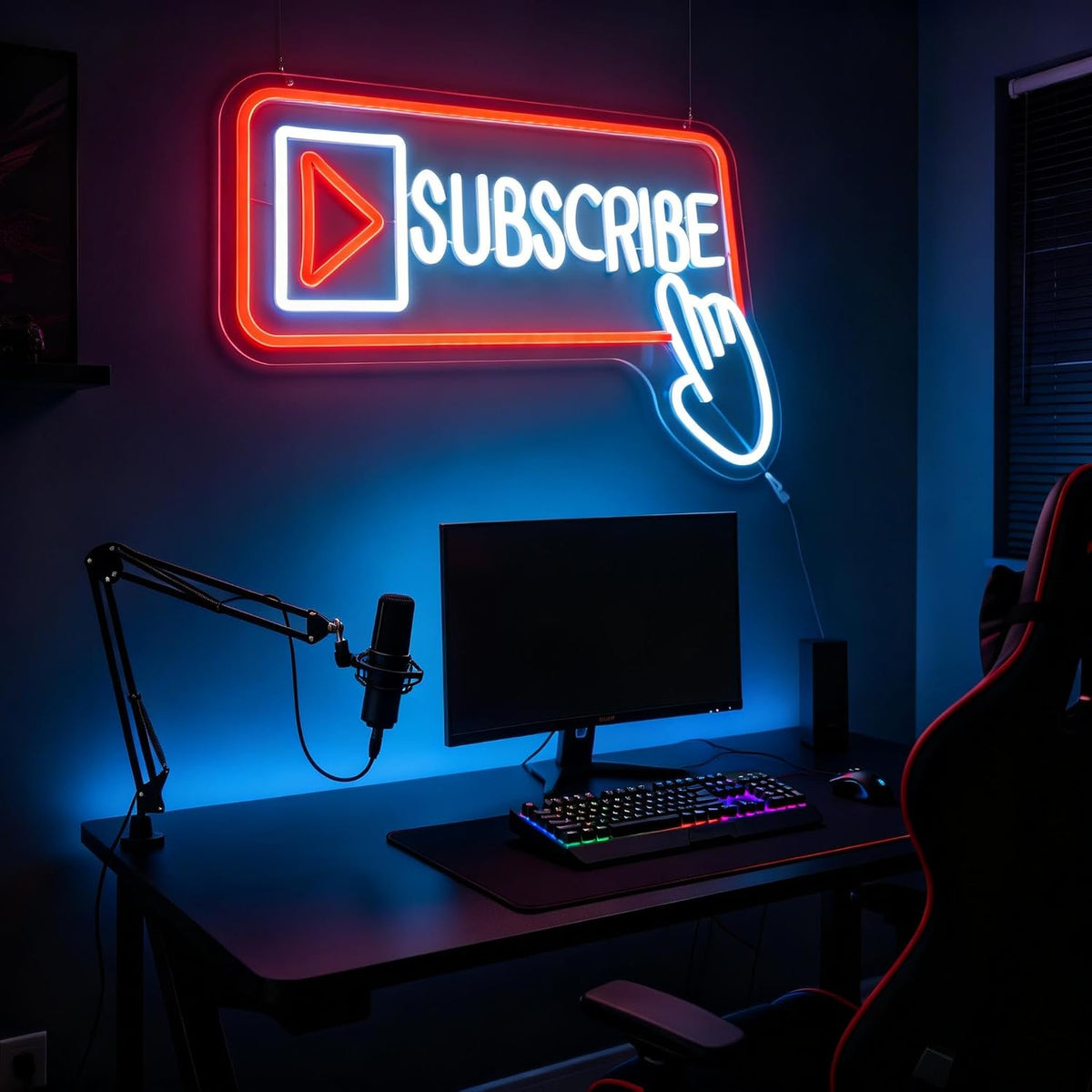 Subscribe Neon Sign, Stylish Play Button & Cursor Wall Light