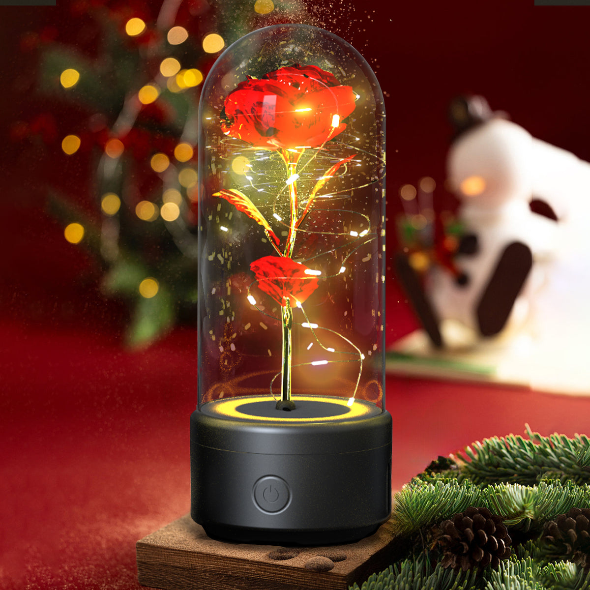 Rose Speaker Lamp, black base and red rose