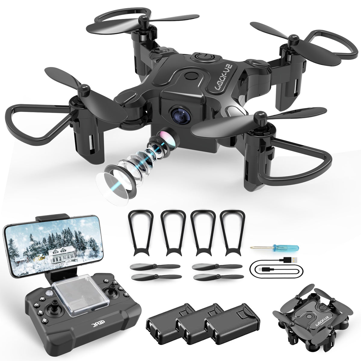 Mini foldable selfie drone with remote, 3 batteries and propeller guards
