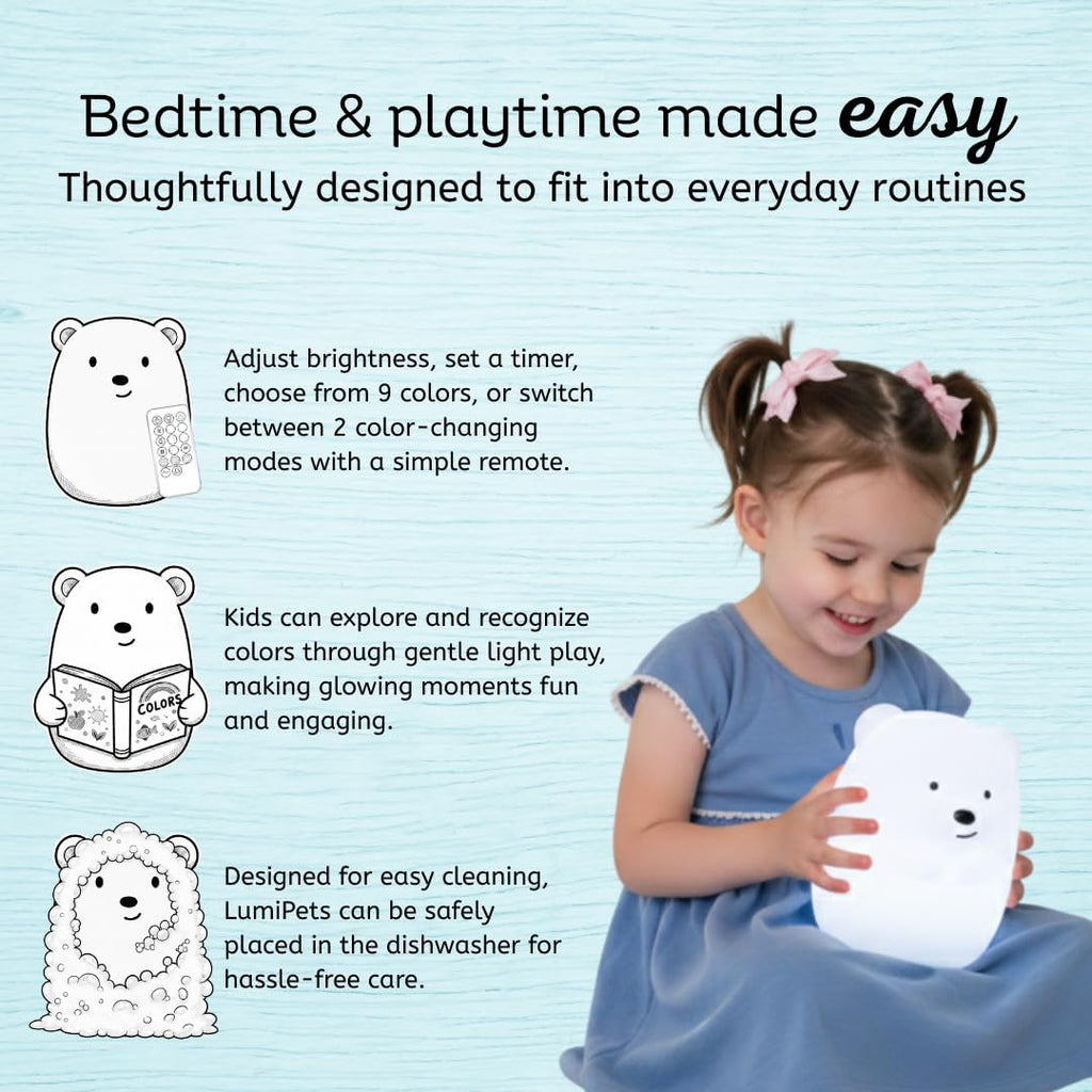 Bear Squishy Night Light for Kids, Silicone Lamp with Remote