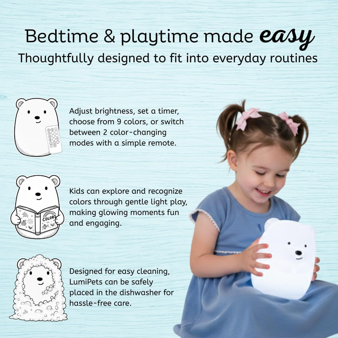 Bear Squishy Night Light for Kids, Silicone Lamp with Remote