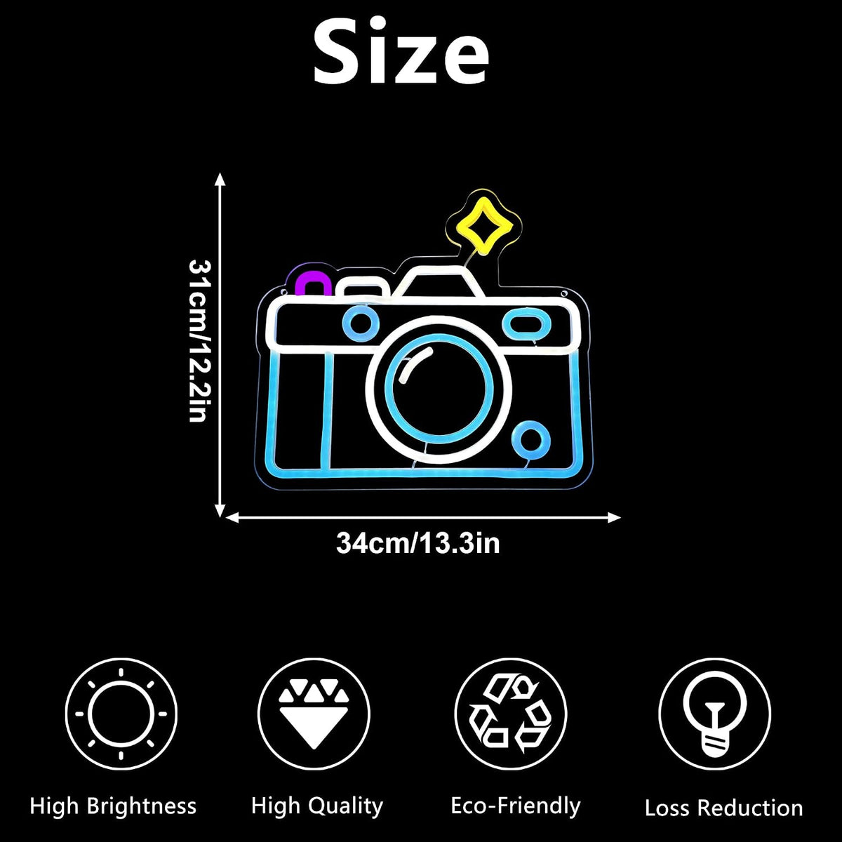 Camera neon sign size