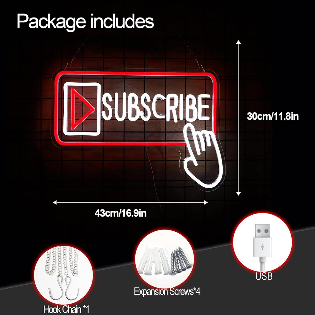 Subscribe Neon Sign, Stylish Play Button & Cursor Wall Light