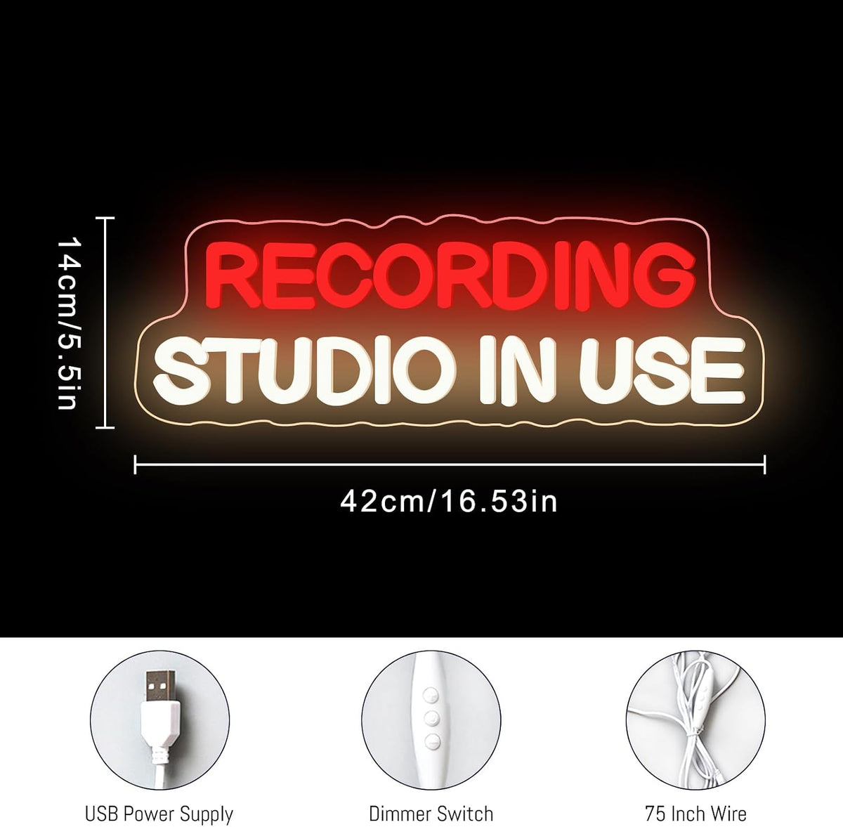 Recording Studio in Use Neon Sign Dimmable Live Music LED Neon Sign USB Powered Wall Hanging Light for Recording Room Music Studio Bedroom Game Room Décor