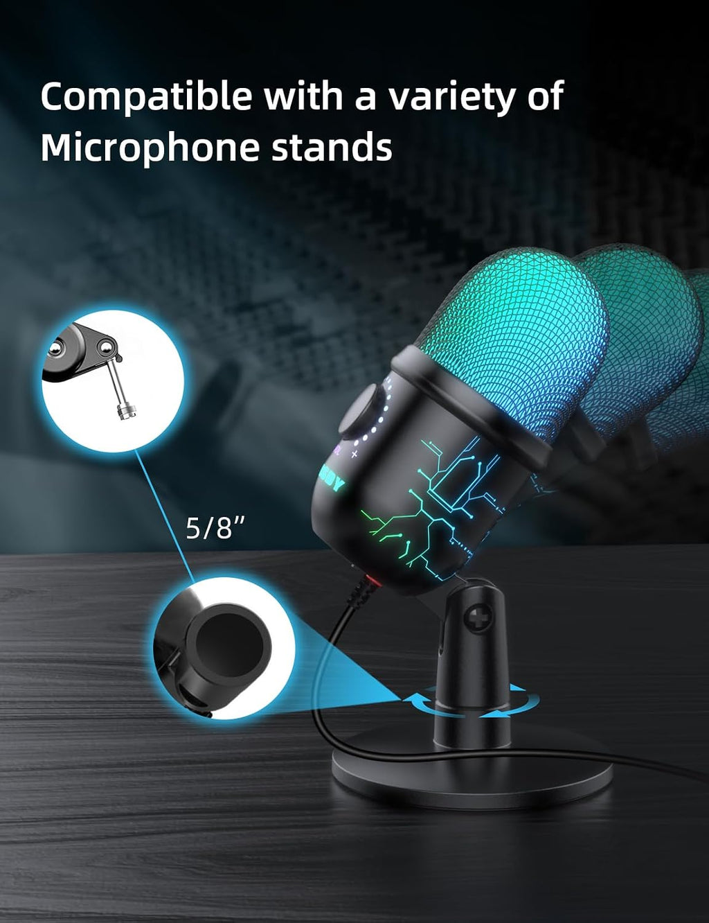 USB Gaming Microphone for PC with Noise Reduction, Mute, Gain, RGB