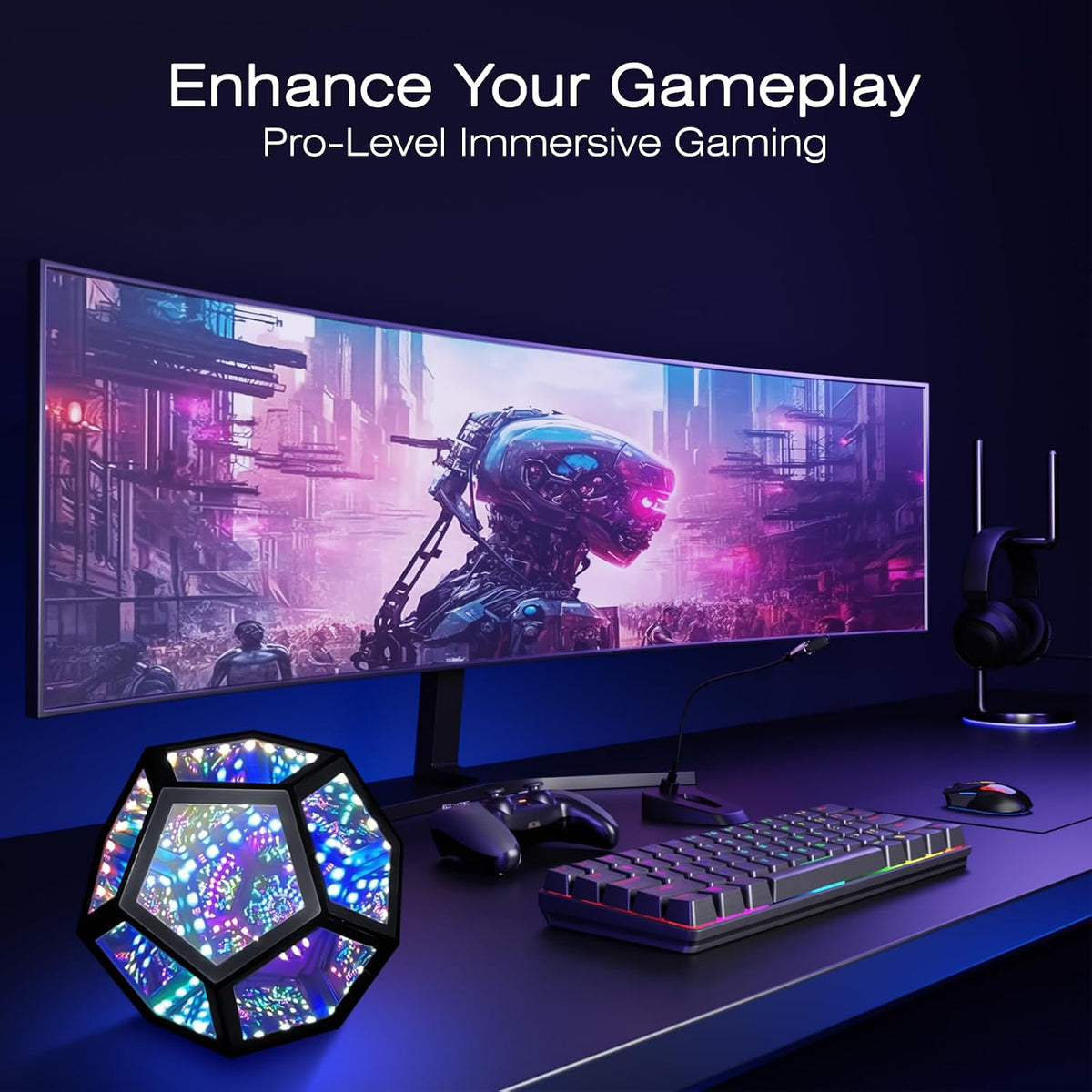 Infinity Mirror Light Dodecahedron, RGBW Cube Light Decor for Gaming