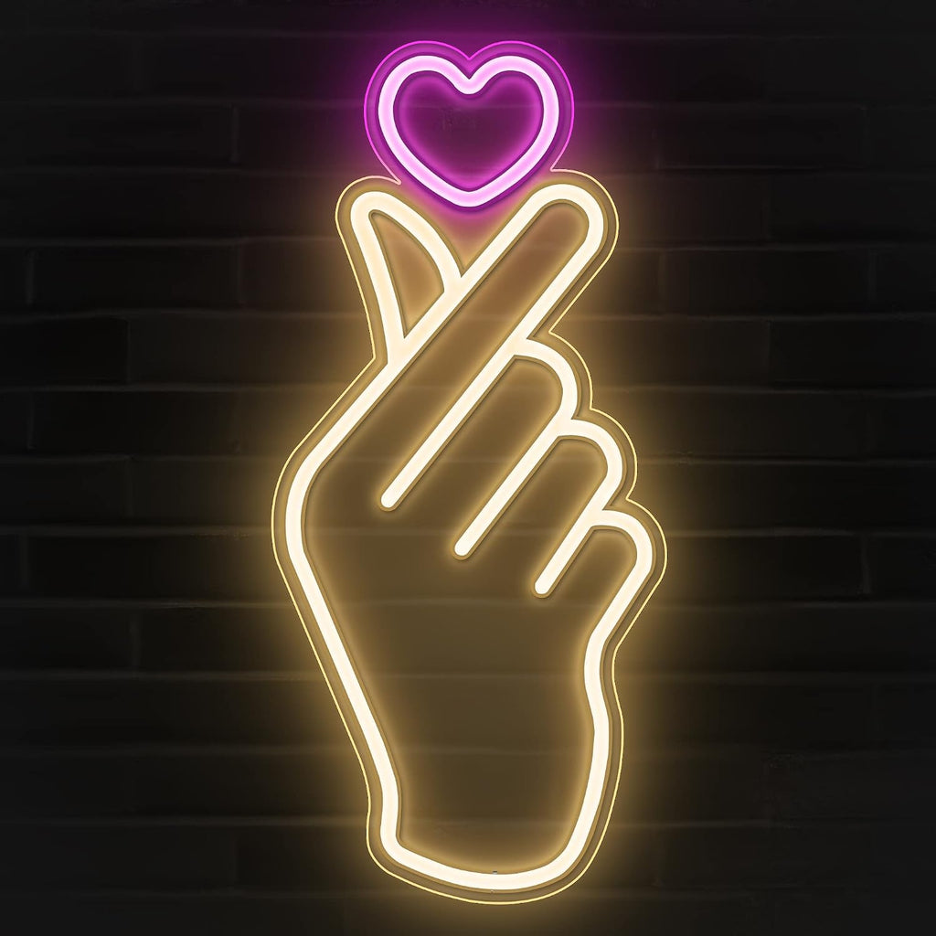 Finger Heart Neon Sign - Pink & Warm White K-Drama Hand Heart Gesture Neon Signs - Premium K-Pop Hearts Led Noen Light for Bedroom, Game Room Decor