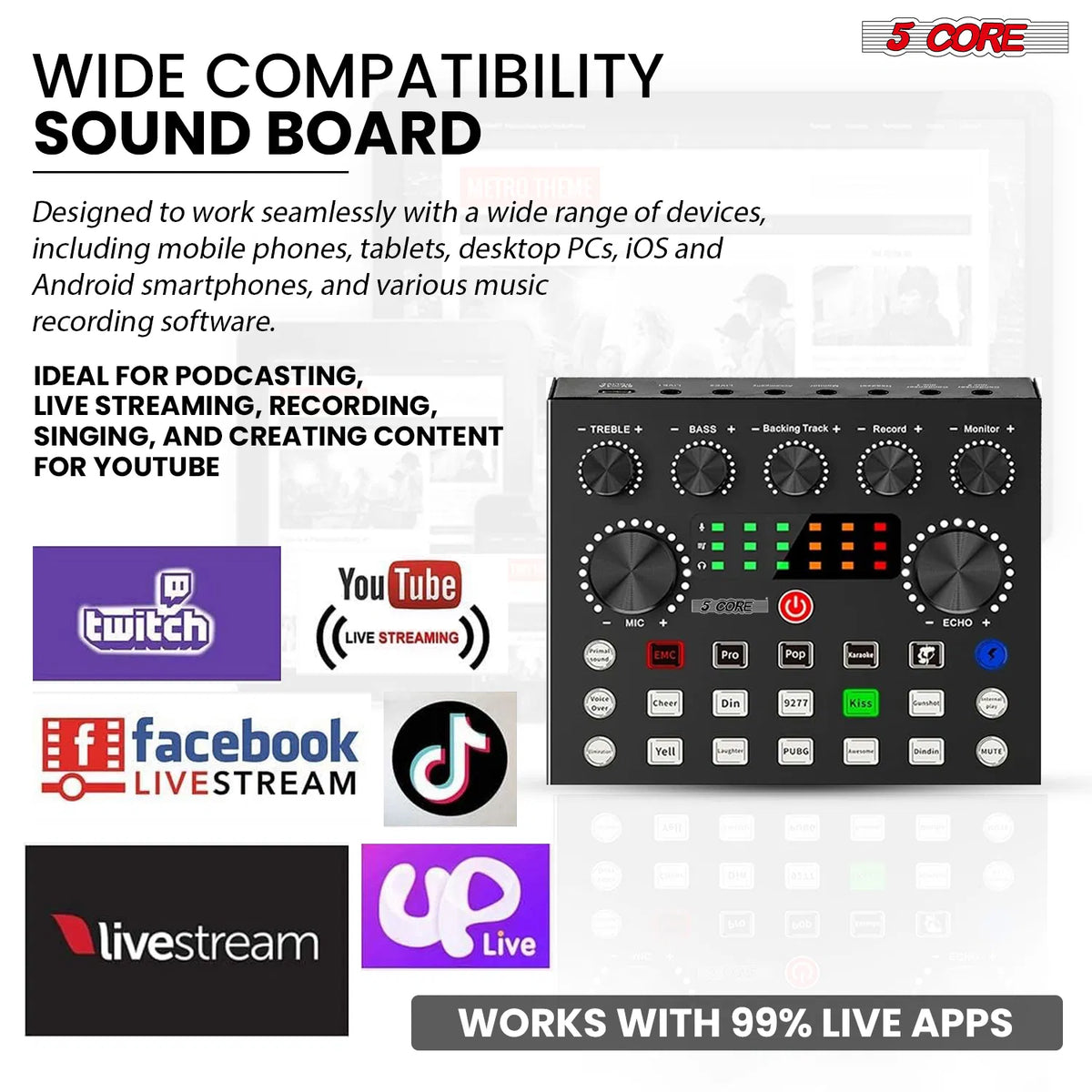 5 CORE Condenser Microphone Bundle, Podcast Equipment Bundle W/Mixer, Mic Arm Stand, Shock Mount, Pop Filter & Headphone for Vocal Studio Recording Broadcasting Youtube Live Streaming - RM 8 BG