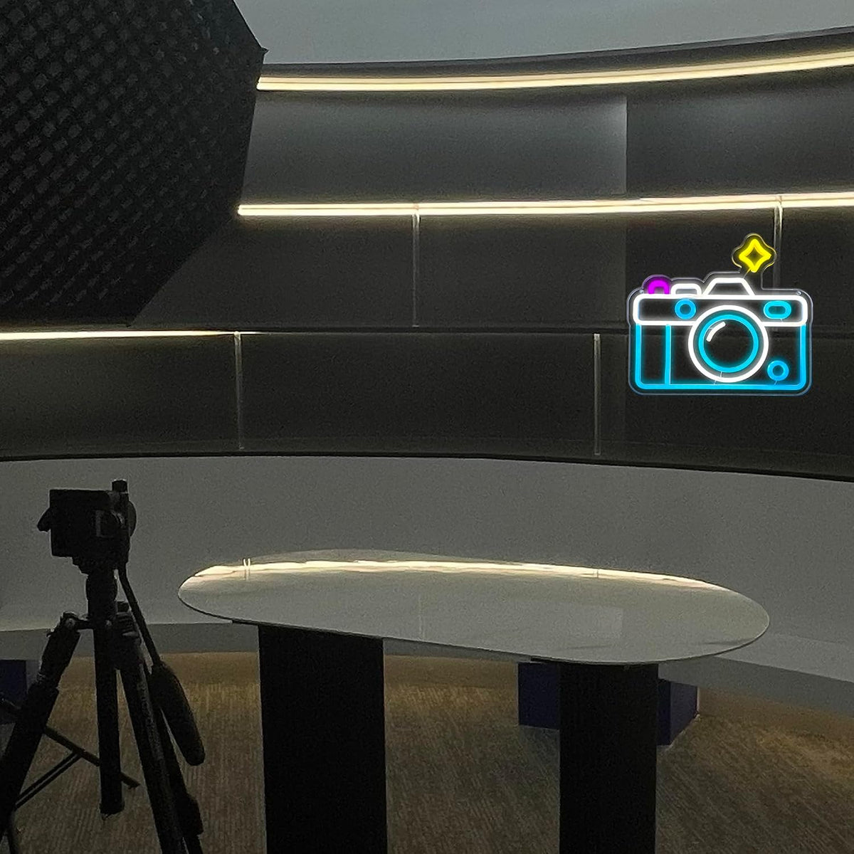 Camera neon sign in a studio