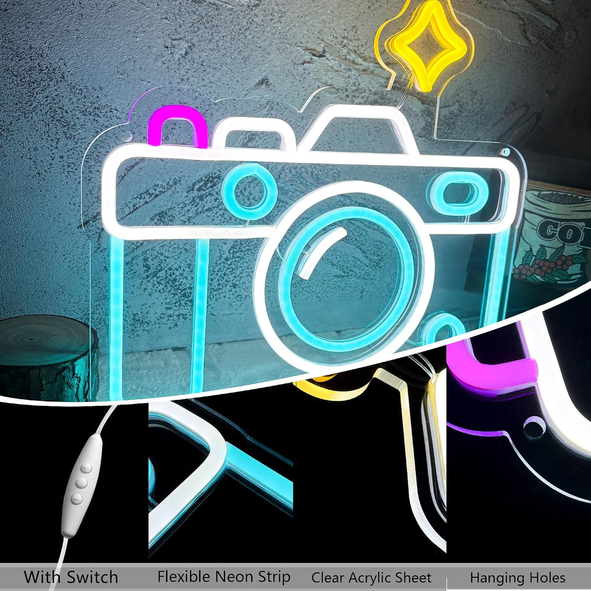 Camera neon sign details