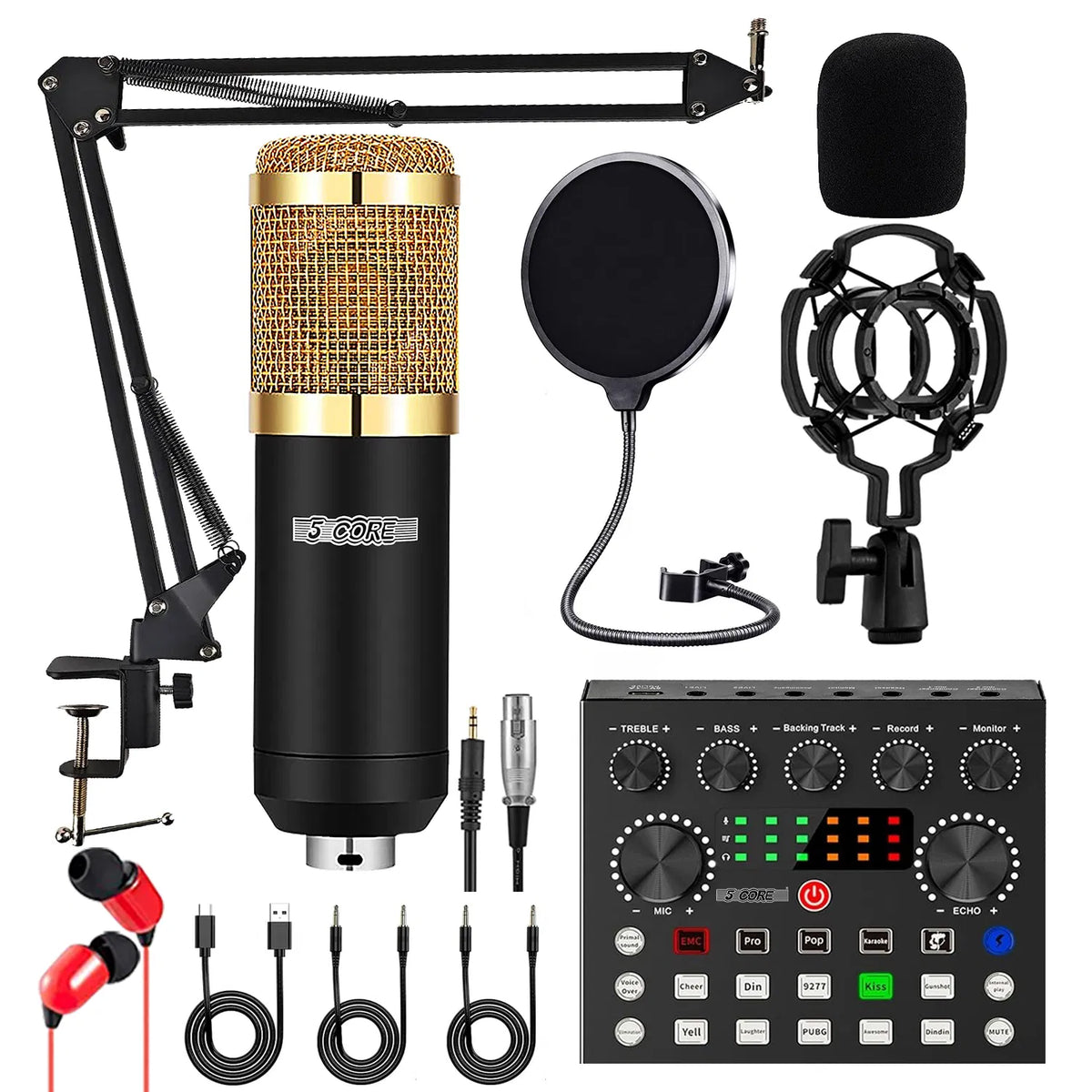 5 CORE Condenser Microphone Bundle, Podcast Equipment Bundle W/Mixer, Mic Arm Stand, Shock Mount, Pop Filter & Headphone for Vocal Studio Recording Broadcasting Youtube Live Streaming - RM 8 BG