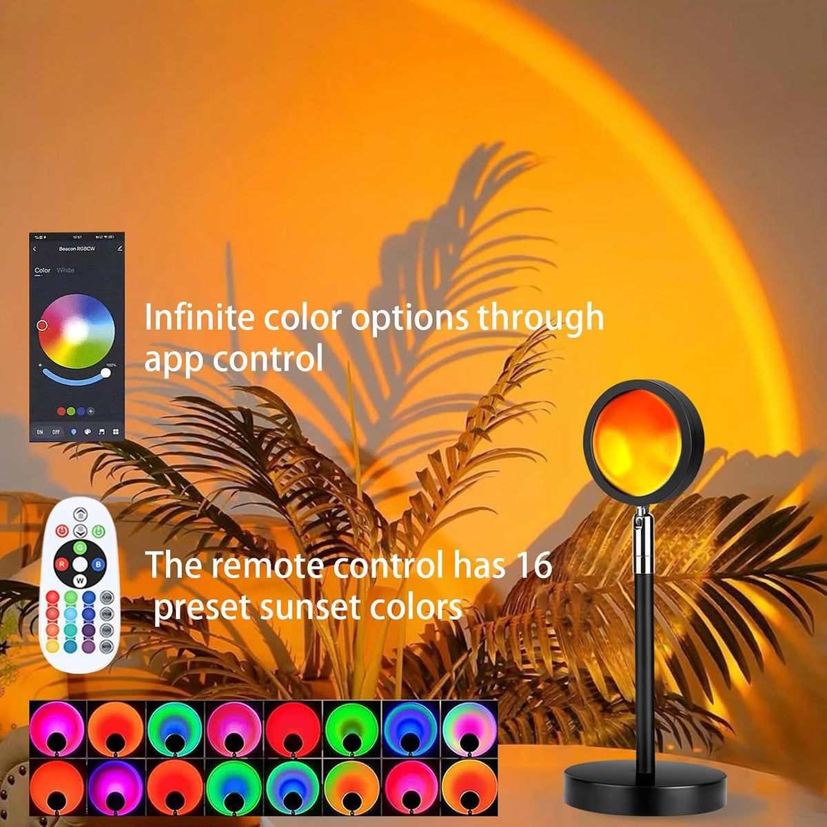 Sunset Lamp Projector Multi-Color Multi-Mode, Dimmable, Timing, Music Rhythm, Sunset Background Wonderful Visual Impact, USB Plug and Play (Remote & APP)
