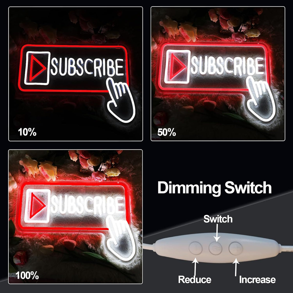 Subscribe Neon Sign, Stylish Play Button & Cursor Wall Light