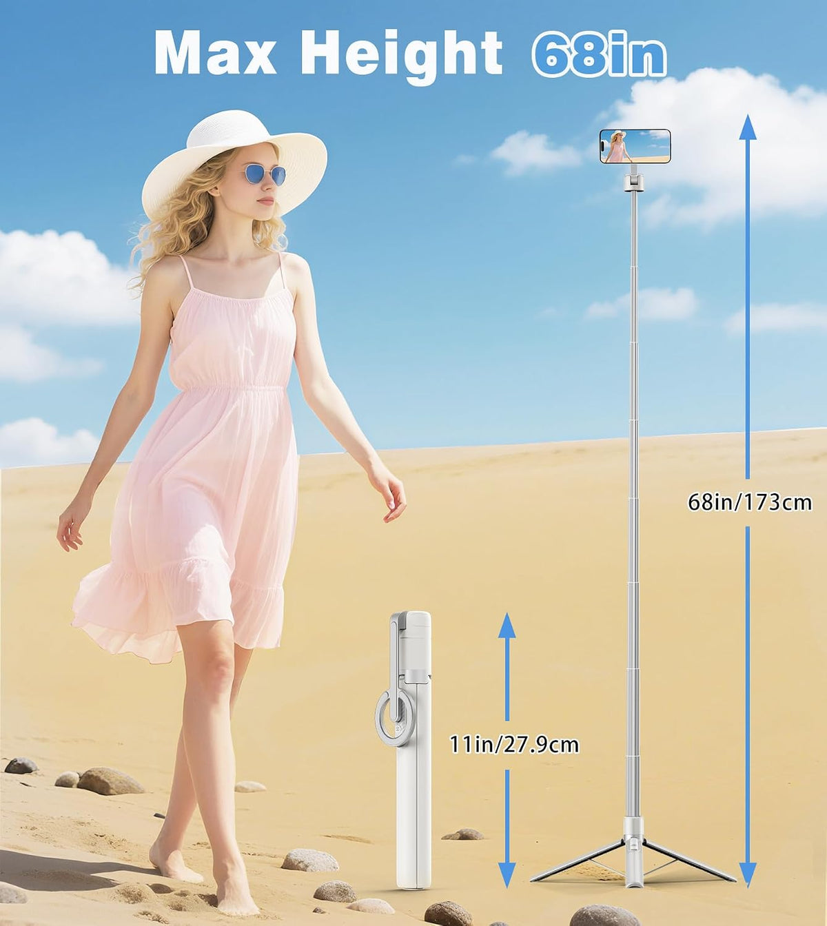 68" Magnetic Aluminum Phone Tripod Selfie Stick for Iphone & Android